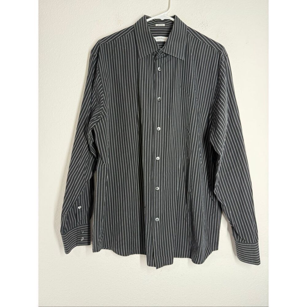 Calvin Klein Mens Large L Button Up Long Sleeve Striped Black Camisa Cotton